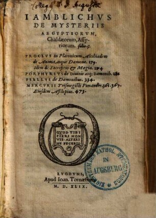 Jamblichus De mysteriis Aegyptiorum, Chaldaeorum, Assyriorum