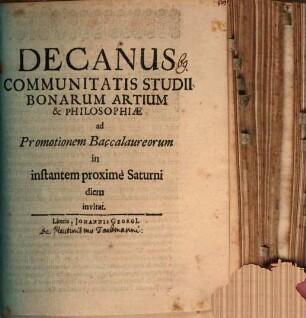 Decanus Communitatis Studii Bonarum Artium et Philisophiae ad promotionem Baccalaureorum ... invitat : [Insunt aliqua de Plautinismo Taubmanni]