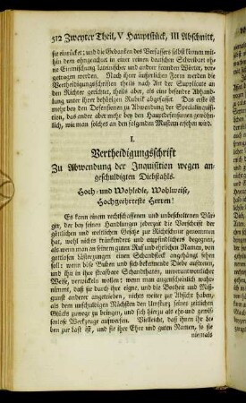 I. Vertheidigungsschrift Zu Anwendung der Inquisition wegen angeschuldigten Diebstahls
