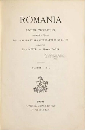 Romania : R ; revue consacrée à l'étude des langues et des littératures romanes, 8. 1879