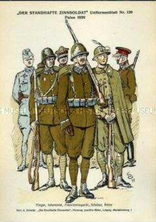 Uniformdarstellung, Soldaten der Luftwaffe, der Infanterie und der Kavallerie, Polen, 1939.