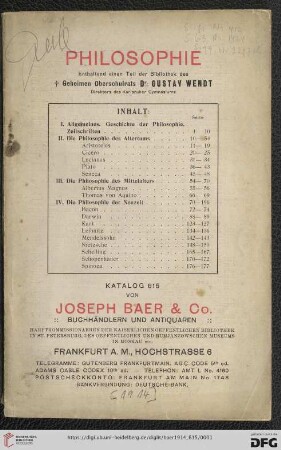 Nr. 615: Antiquarischer Anzeiger von Joseph Baer & Co., Frankfurt a.M.: Philosophie : enthaltend einen Teil der Bibliothek des † Geheimen Oberschulrats Dr. Gustav Wendt, Direktors des Karlsruher Gymnasiums
