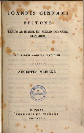 Epitome rerum ab Joanne et Alexio Commenis gestarum : Ad fidem codicis Vaticani