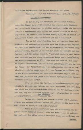 Aus einem Trinkspruch des Bruder Eberhard bei einer Tafelloge auf das Vaterland. am 21.10.1920.