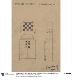 Darmstadt, Ernst-Ludwig-Haus, Schrank für das Atelier Olbrichs, Aufriss und Seitenansicht
