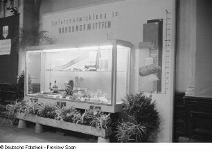 Ausstellungstafel und Vitrine "Umsatzentwicklung in Nahrungsmitteln"