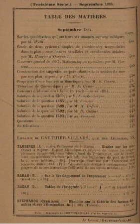 Table des matières. Septembre 1884.