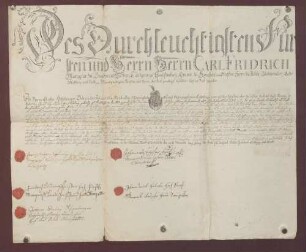 Lehrbrief des Franz Anton Höffelmayer, Hof- und Feldpaukers des Markgrafen Karl Friedrich von Baden, für Ernst Ludwig aus Karlsruhe