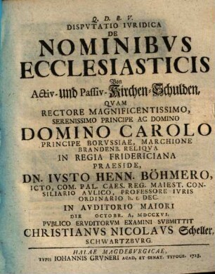 Dispvtatio Ivridica De Nominibvs Ecclesiasticis = Von Activ- und Passiv-Kirchen-Schulden