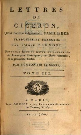 Lettres de Ciceron : qu'on nomme vulgairement familieres, 3