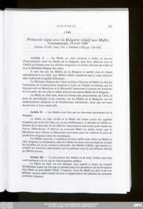 (14) Protocole signé avec la Bulgarie relatif aux Muftis Constantinople, 19 avril 1909