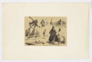 Skizzenblatt mit Wanderer mit Gewehr; Mann mit Korb und Buch; Reiter; Raucher; Paar mit Hutschachtel; Pferdegespann, aus: "Quatrième série de croquis"