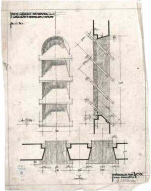 Bestelmeyer, German; Neuburg an der Donau (Bayern); Ev. Kirche - Turm, Schallöffnungen (Ansicht; Schnitt; Grundriss)
