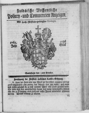 27tes Stück, Ausgabe vom 19. October 1765