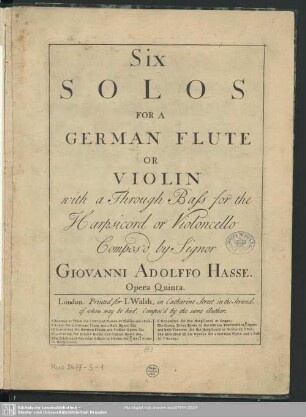 Six solos for a german flute or violin with a through bass for the harpsichord or violoncello : opera quinta