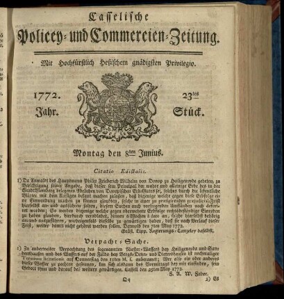 23tes Stueck, Montag den 8ten Junius 1772