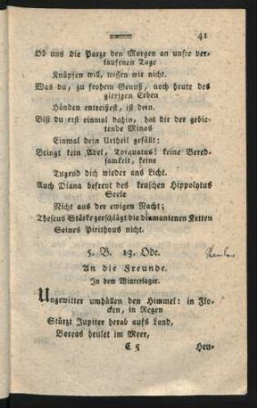 5. B. 13. Ode. An die Freunde. In dem Winterlager