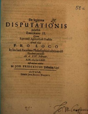 De legitimae Disputationis palaestra Exercitatio II.