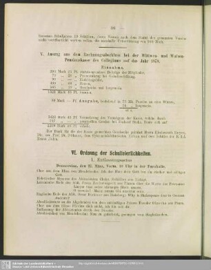 V. Auszug aus dem Rechnungsabschluss bei der Witwen- und Waisen-Pensionskasse des Collegiums auf das Jahr 1878