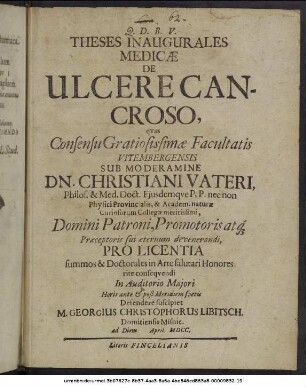 Theses Inaugurales Medicae De Ulcere Cancroso