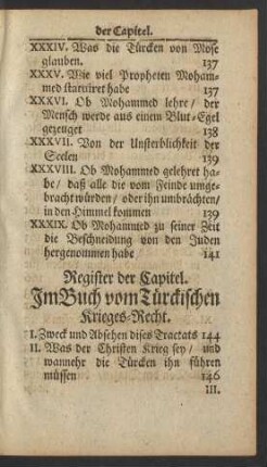 Register der Capitel. Im Buch vom Türckischen Krieges-Recht.