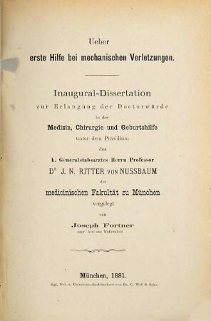 Ueber erste Hilfe bei mechanischen Verletzungen : Inaugural-Dissertation