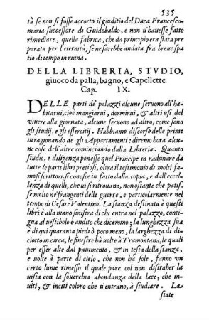 Della Libreria, Stvdio, giuoco da palla, bagno, e Capellette Cap. IX.