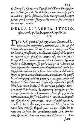 Della Libreria, Stvdio, giuoco da palla, bagno, e Capellette Cap. IX.