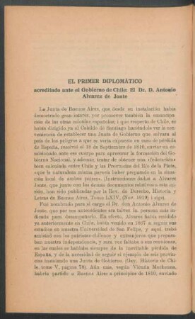 El primer diplomático acreditado ante el Gobierno de Chile: el Doctor Don Antonio Alvarez de Jonte