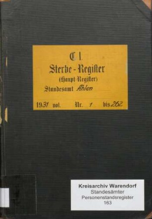 Sterberegister des Standesamtes Ahlen-Stadt von 1931 (Urkunden-Nr. 1-262)