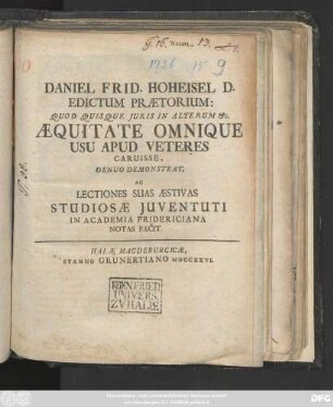 Daniel Frid. Hoheisel D. Edictum Prætorium: Quod Quisque Juris In Alterum &c. Æquitate Omnique Usu Apud Veteres Caruisse
