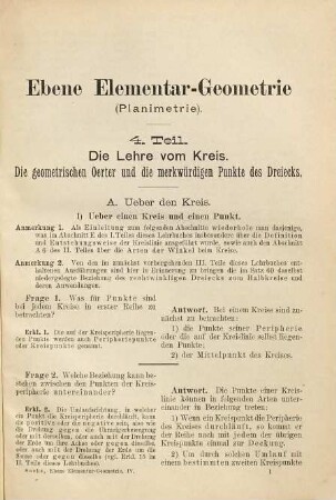 Lehrbuch der ebenen Elementar-Geometrie (Planimetrie) : für den Schulunterricht und das Selbststudium, 4. Die Lehre vom Kreis, die geometrischen Örter und die merkwürdigen Punkte des Dreiecks