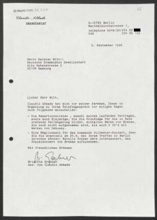 Brief an Karsten Witt an Deutsche Grammophon-Gesellschaft, 09.09.1996