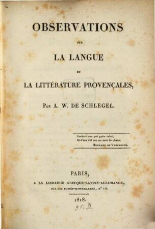 Observations sur la langue et la littèrature provençales