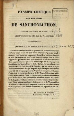 Examen critique des 9 Livres des Sanchoniathon, traduits par Philon de Byblos, decouverts et édités par M. Wagenfeld