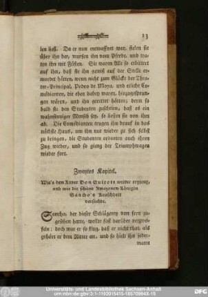 Zweytes Kapitel. Wie's dem Ritter Don Quixote weiter ergieng, und wie die schöne Amazonen-Königin Sancho's Keuschheut versuchte.