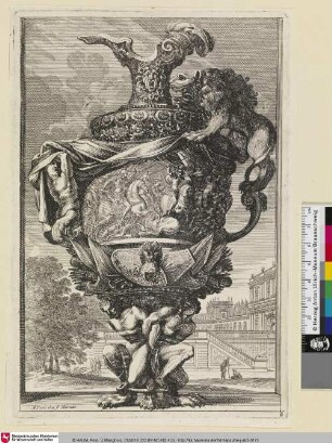 [Krug nach links verziert mit einem Löwen als Henkel und Atlanten als Sockel; Vase de profil à gauche, dont l'anse est formée d'un lion et le pied de deux captifs]