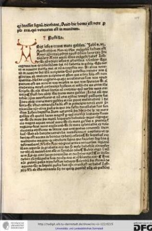 Postilla. Abiit Iesus... Ante initium illius evangelii habetur Iohannes v quod Christus dixit Iesus et Phariseis et scribis Ego cognovi....