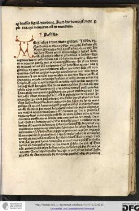 Postilla. Abiit Iesus... Ante initium illius evangelii habetur Iohannes v quod Christus dixit Iesus et Phariseis et scribis Ego cognovi....