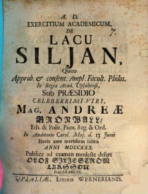 Exercitium academicum de lacu Siljan