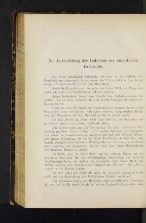Die Entwicklung der Industrie der künstlichen Farbstoffe.