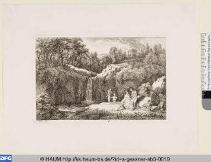 Waldige Landschaft mit Rundtempel und badenden Hirten beim Wasserfall