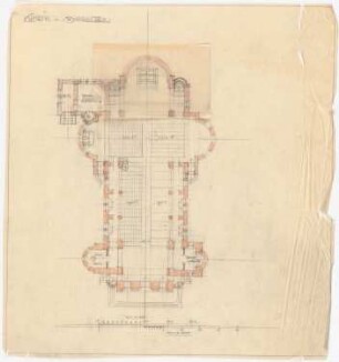 Katholische Kirche, Seichwitz: Grundriss der Kirche (mit aufgeklebter Änderung des Chorgrundrisses) 1:200