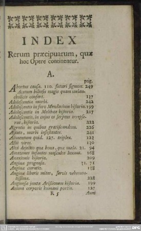 Index Rerum praecipuarum, quae hoc Opere continentur