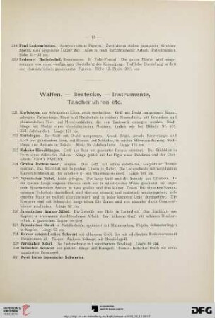 Waffen.- Bestecke. Instrumente, Taschenuhren etc.(Nr. 221-270)