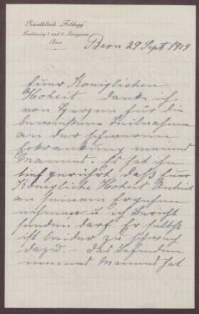 Schreiben von Johanna Katz an die Großherzogin Luise; Erkrankung von Friedrich Katz und Behandlung in Bern