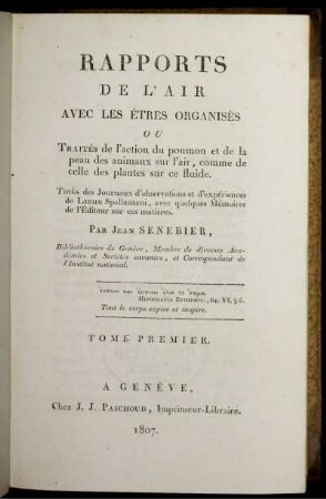 T. 1.: Rapports De L'Air Avec Les Êtres Organisés. Tome Premier