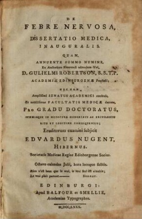 De febre nervosa dissertatio medica inauguralis