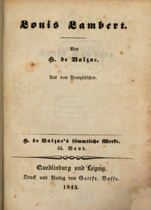 H. de Balzac's sämmtliche Werke, 64. Louis Lambert
