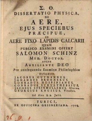 Diss. phys. de aere, eius speciebus, praecipue de aere fixo lapidis calcarii